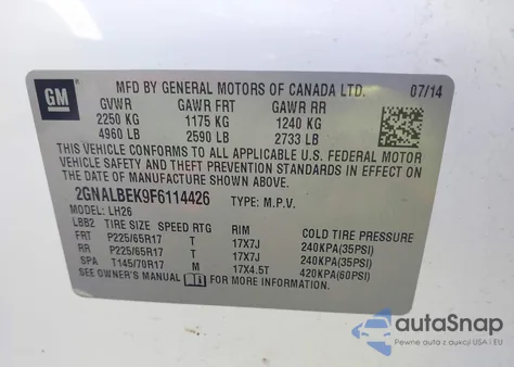 2015 Chevrolet Equinox 1Lt из США, поврежденный, VIN 2GNALBEK9F6114426